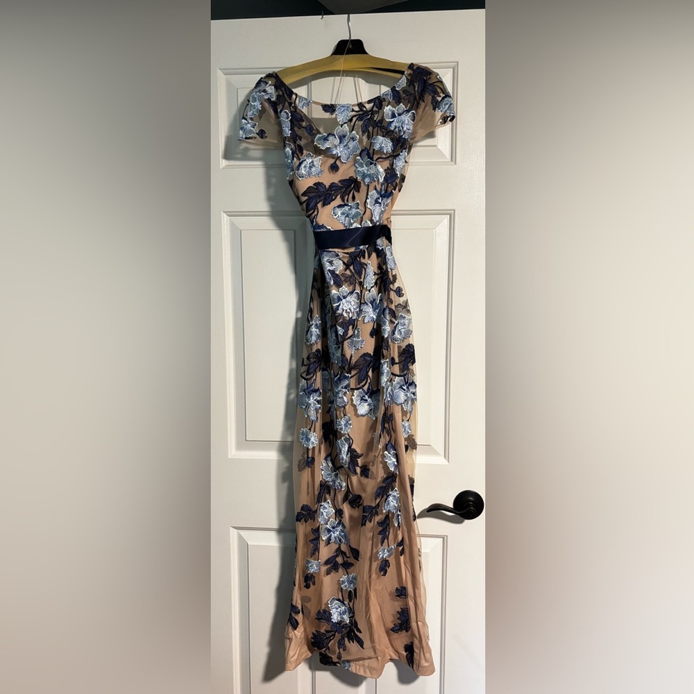 Adrianna Papell Blue and Tan Floral Maxi Dress